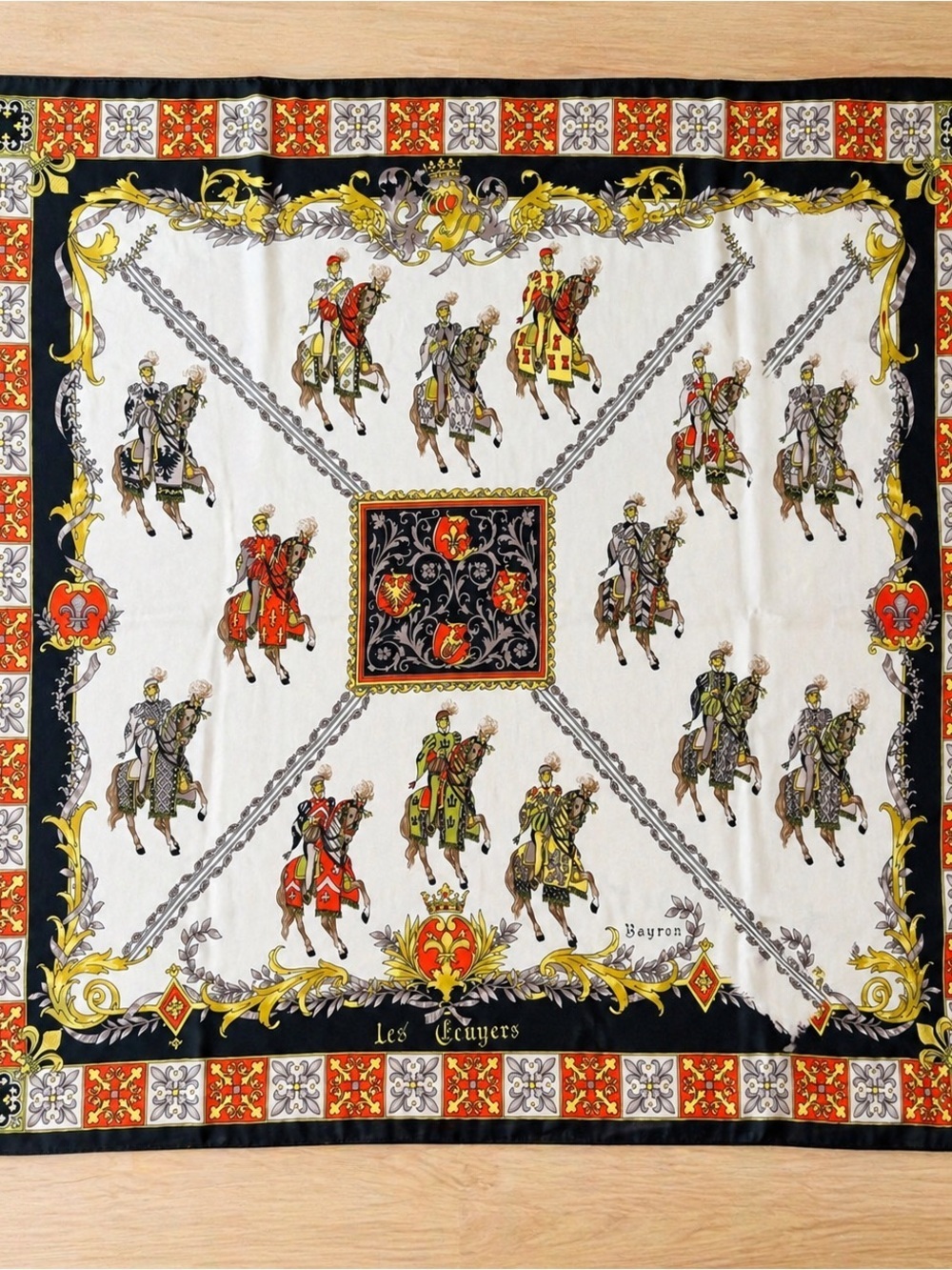 Vintage Auth. Bayron Medieval Equestrian Silk Scarf Knights Les Cavaliers
